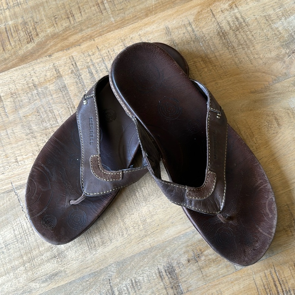 Men’s Brown Leather Merrell Flip Flop Sandals Size 11